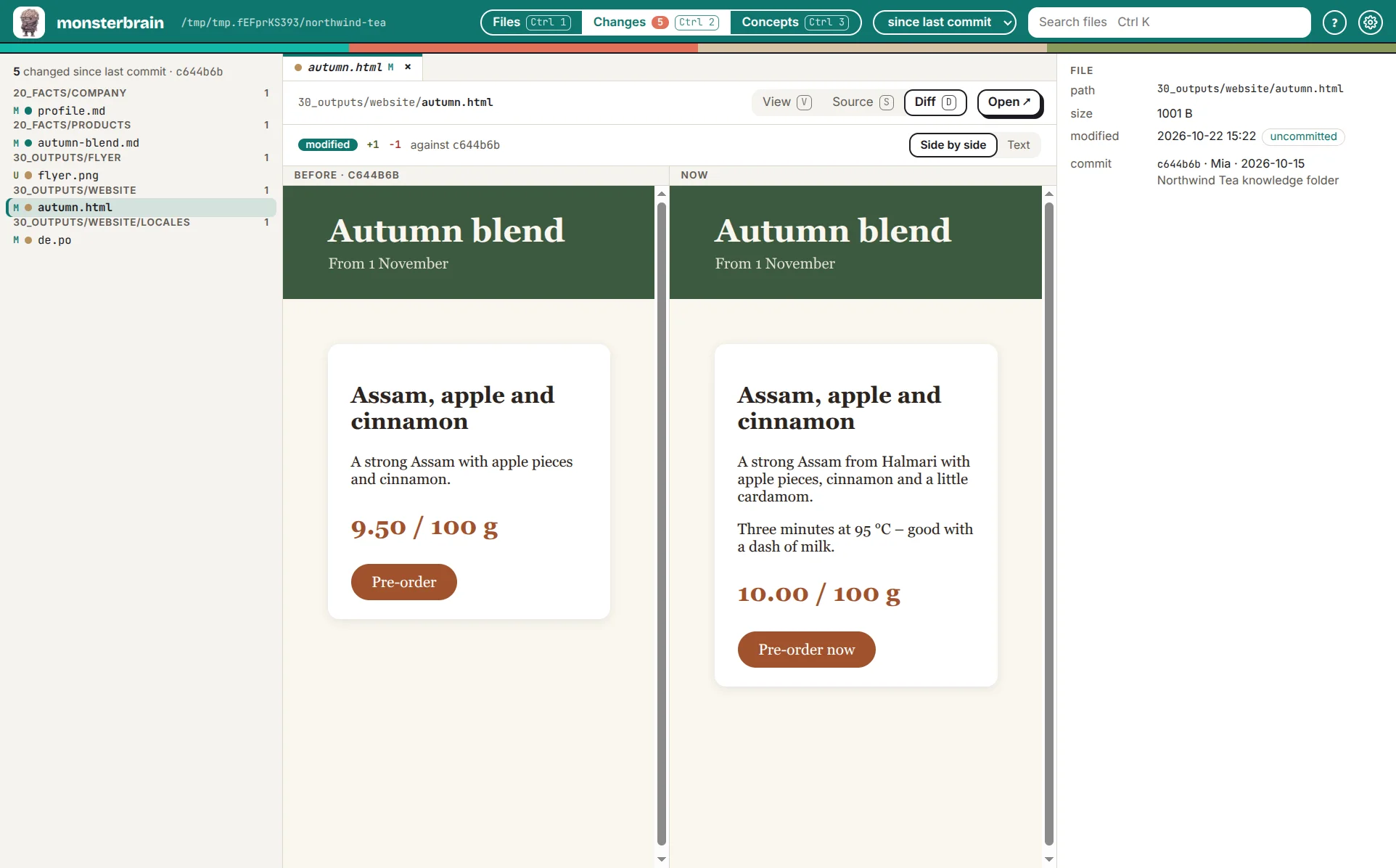 The diff of an HTML page, before and after