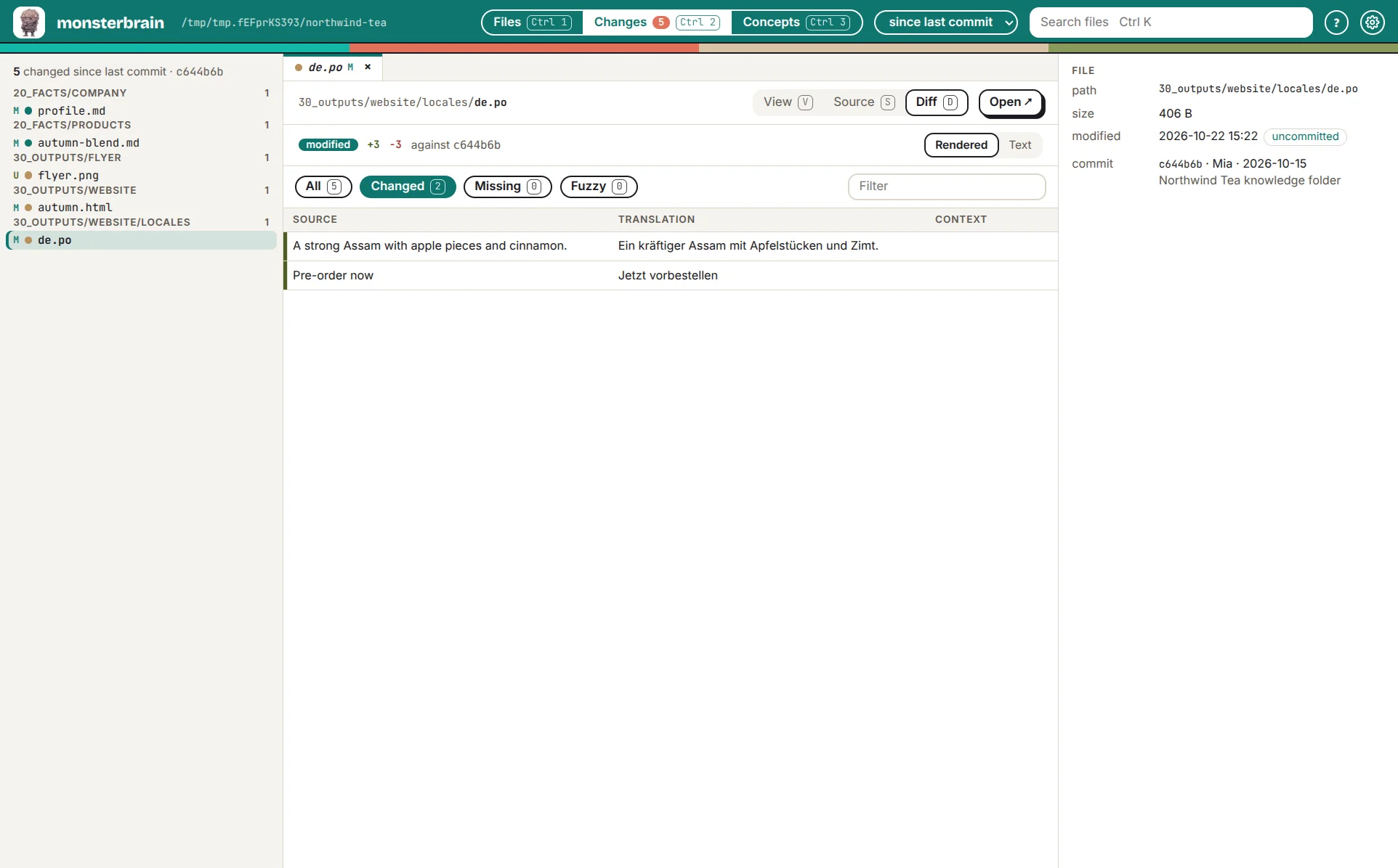 The diff of a .po file showing only the changed entries