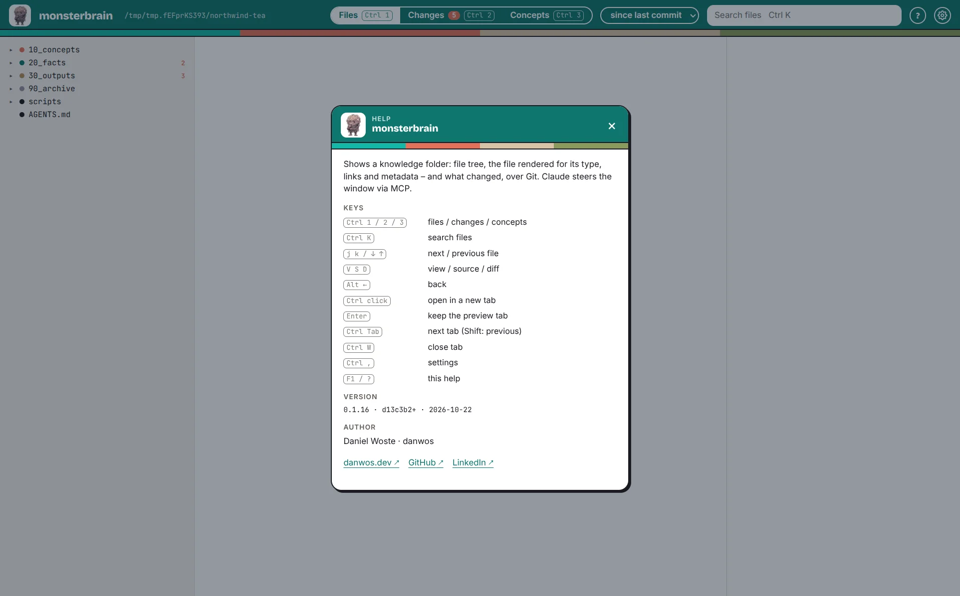 The help dialog with the keys