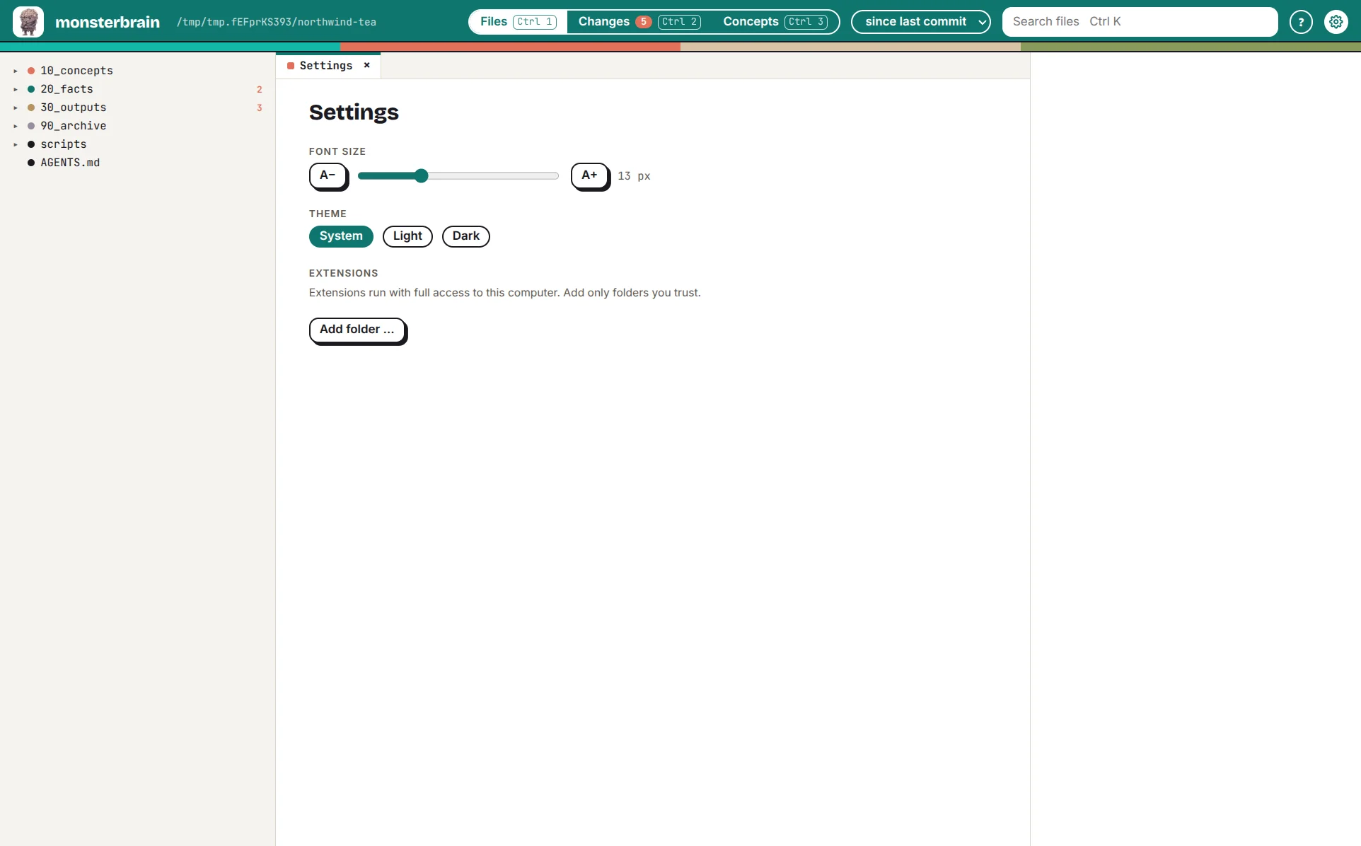 The settings tab with font size, theme and extensions